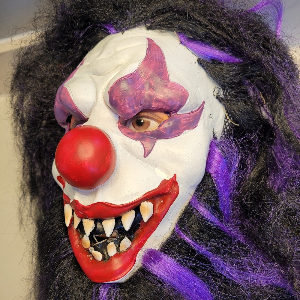 Psycho Clown Killer Rockstar Latex Mask Prple & Blck Hair Horror Halloween Adult